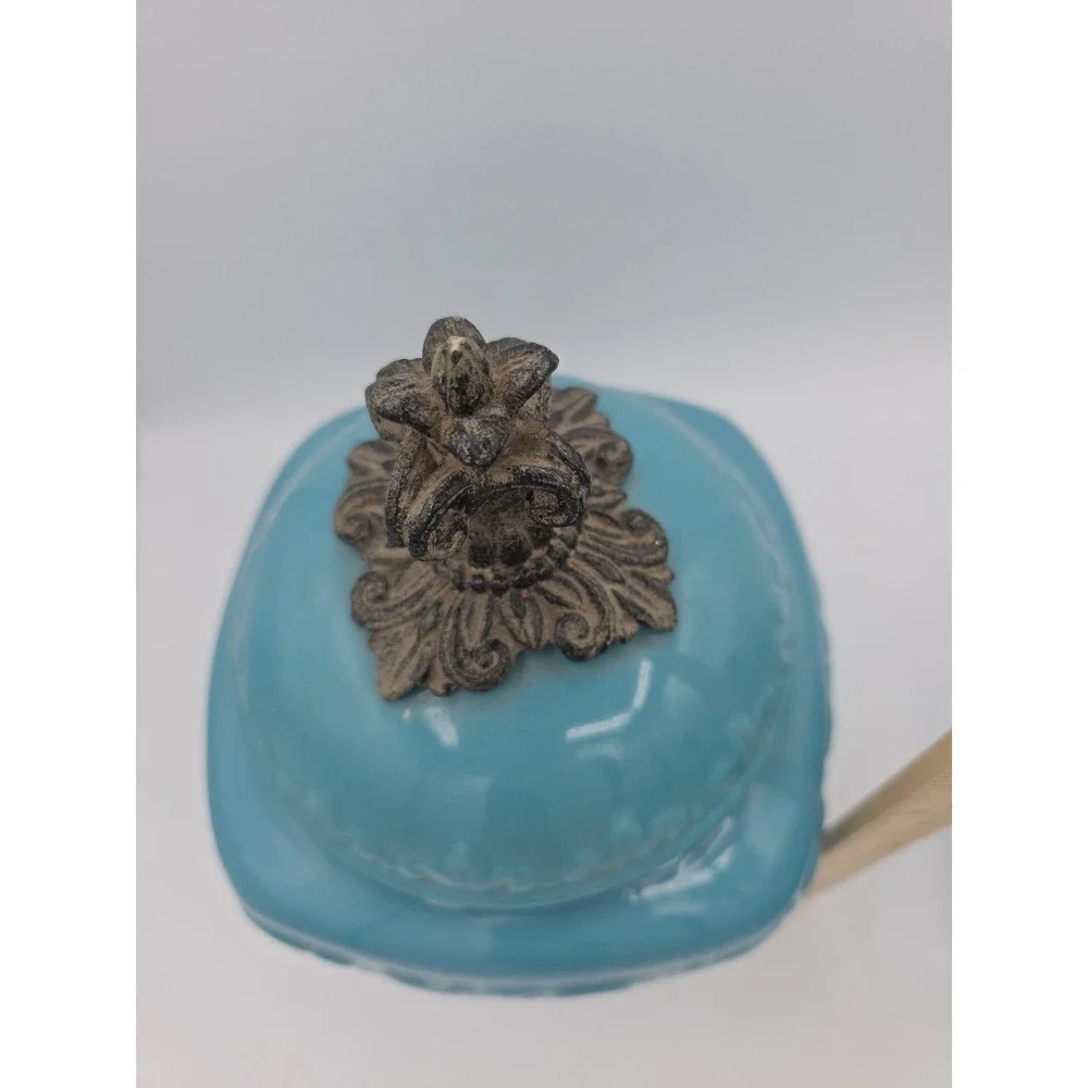 Drake Design Tuscan Scroll Fleur De Lis Turquois Square Canister No Base 11 1/2
